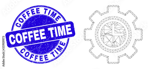 Web mesh clock setup wheel pictogram and Coffee Time seal. Blue vector rounded scratched seal with Coffee Time title. Abstract carcass mesh polygonal model created from clock setup wheel pictogram.