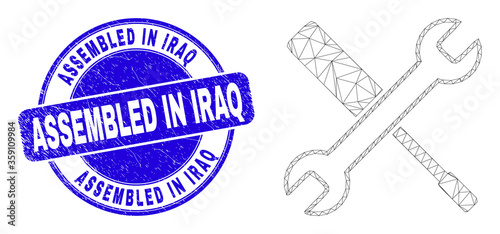 Web mesh configuration tools icon and Assembled in Iraq stamp. Blue vector round grunge stamp with Assembled in Iraq text. Abstract frame mesh polygonal model created from configuration tools icon.