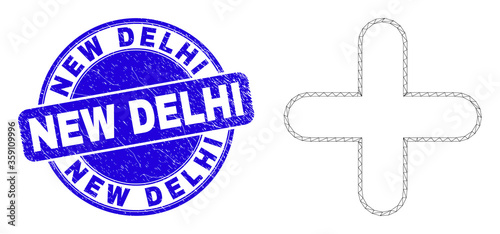 Web mesh cross pictogram and New Delhi stamp. Blue vector round textured seal stamp with New Delhi caption. Abstract carcass mesh polygonal model created from cross pictogram.