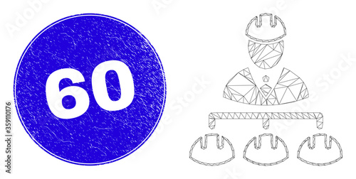 Web carcass engineer hierarchy icon and 60 seal stamp. Blue vector rounded distress seal stamp with 60 caption. Abstract carcass mesh polygonal model created from engineer hierarchy icon.