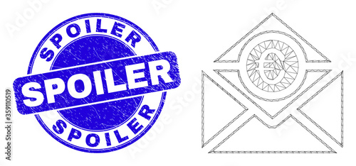 Web carcass euro mail pictogram and Spoiler watermark. Blue vector rounded distress seal with Spoiler caption. Abstract carcass mesh polygonal model created from euro mail pictogram.