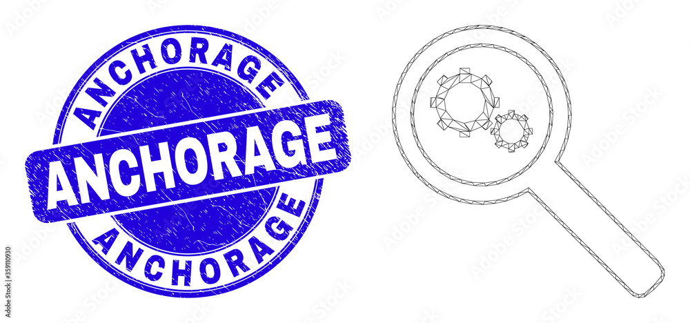 Web mesh explore gears icon and Anchorage seal stamp. Blue vector round distress seal stamp with Anchorage title. Abstract frame mesh polygonal model created from explore gears icon. Web mesh explore gears icon and Anchorage seal stamp. Blue vector round distress seal stamp with Anchorage title. Abstract frame mesh polygonal model created from explore gears icon.