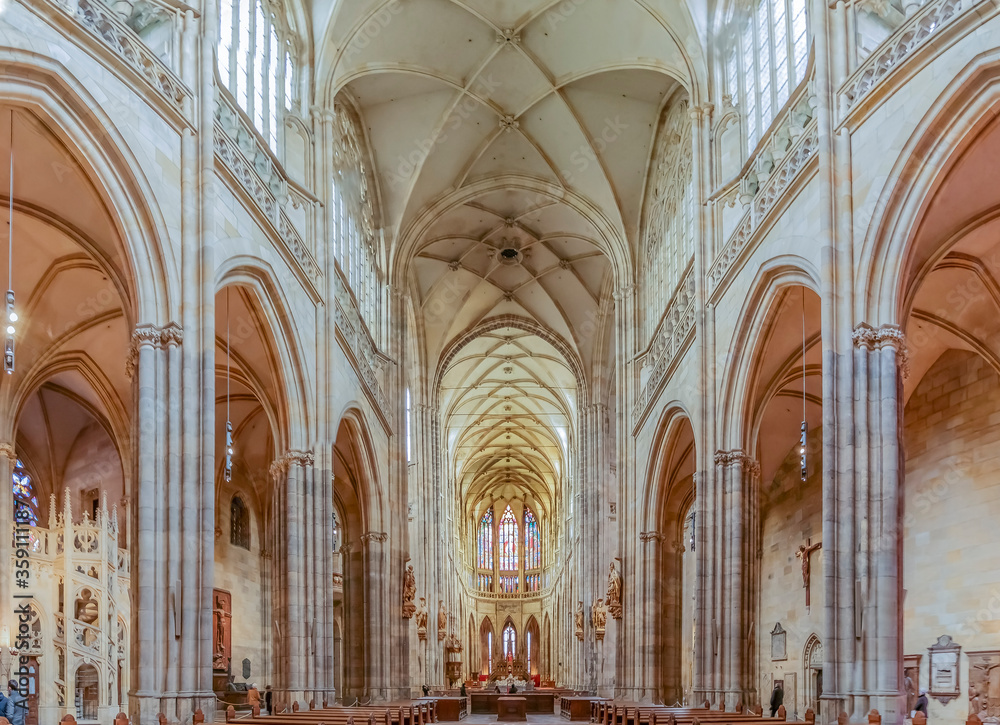 Interior of the Metropolitan Cathedral of Saints Vitus, Wenceslaus and Adalbert, a gothic Roman Catholic cathedral in Prague, founded in 1344