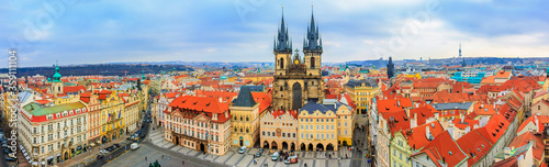 Panroamic view over traditional red roofs in old town onto Famous Church of our lady before Tyn in Prague, Czech Republic