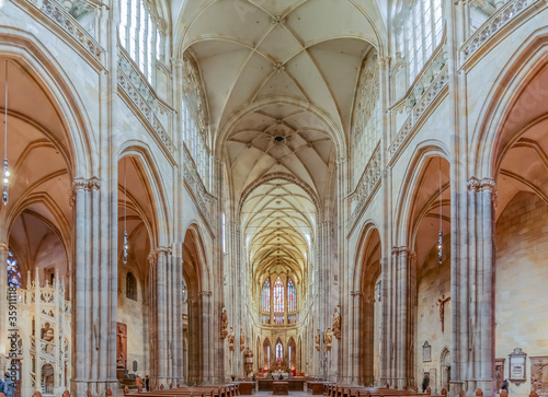 Interior of the Metropolitan Cathedral of Saints Vitus, Wenceslaus and Adalbert, a gothic Roman Catholic cathedral in Prague, founded in 1344 © SvetlanaSF