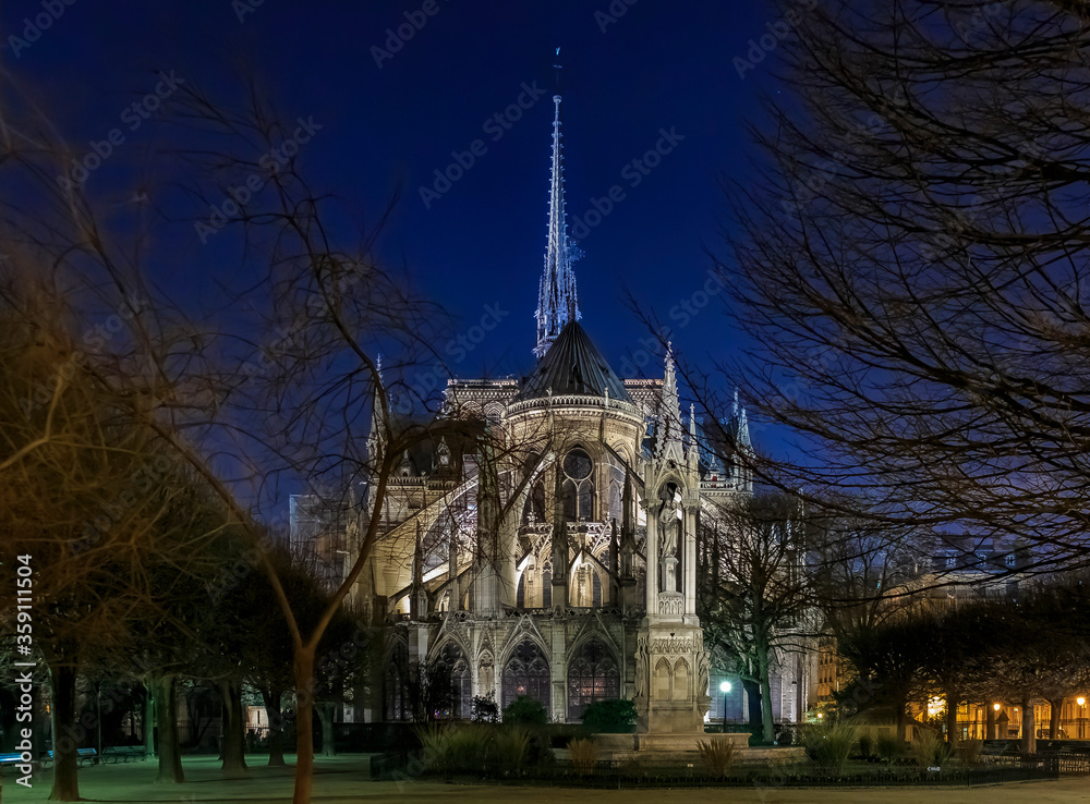 Illuminatred back side of Notre Dame de Paris at night in Paris France