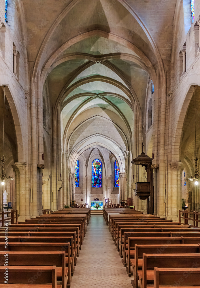 Nave and gothic ceiling at Paroisse Saint Pierre de Montmartre or Church of Saint Peter of Montmartre one of Paris oldest churches