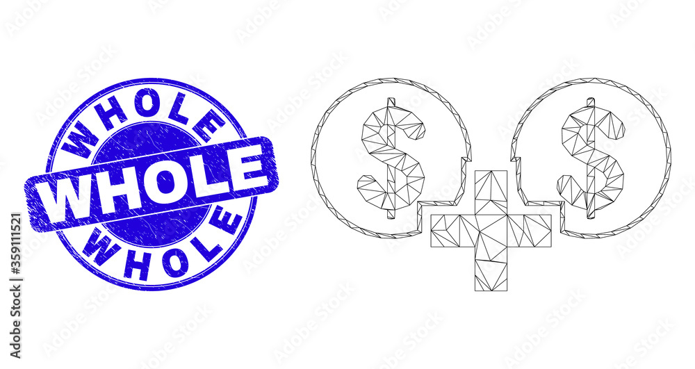 Web mesh financial sum icon and Whole watermark. Blue vector rounded scratched watermark with Whole title. Abstract frame mesh polygonal model created from financial sum pictogram. Web mesh financial sum icon and Whole watermark. Blue vector rounded scratched watermark with Whole title. Abstract frame mesh polygonal model created from financial sum pictogram.
