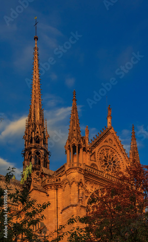 Details of the southern facade of Notre Dame de Paris Cathedral facade with the rose window and ornate spires in the warm light of sunset