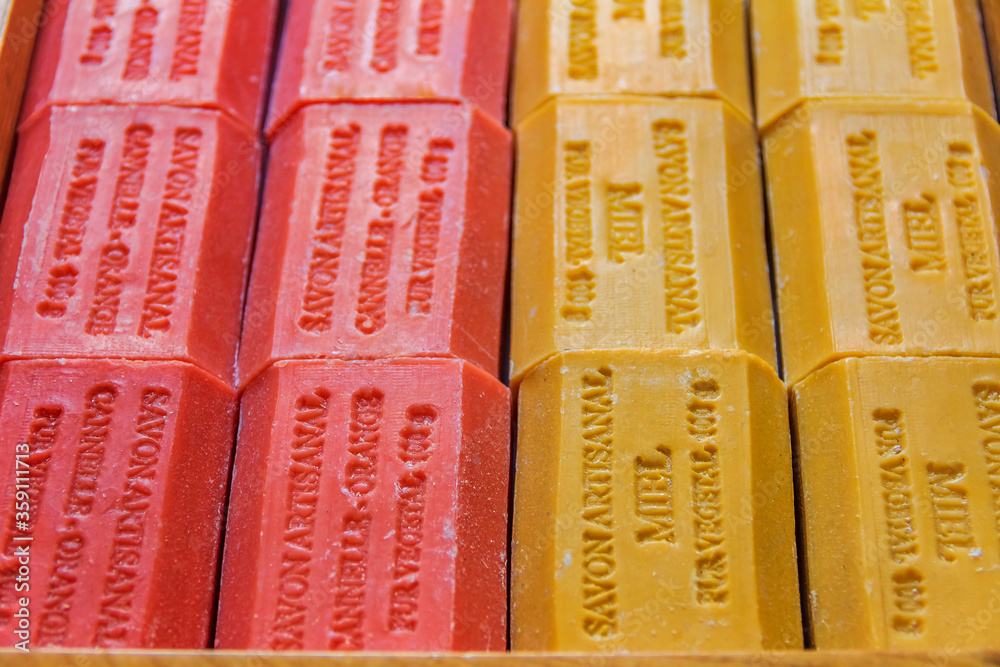 Natural honey and cinnamon handmade soap in wooden boxes at a market in Grasse Provence France Natural honey and cinnamon handmade soap in wooden boxes at a market in Grasse Provence France