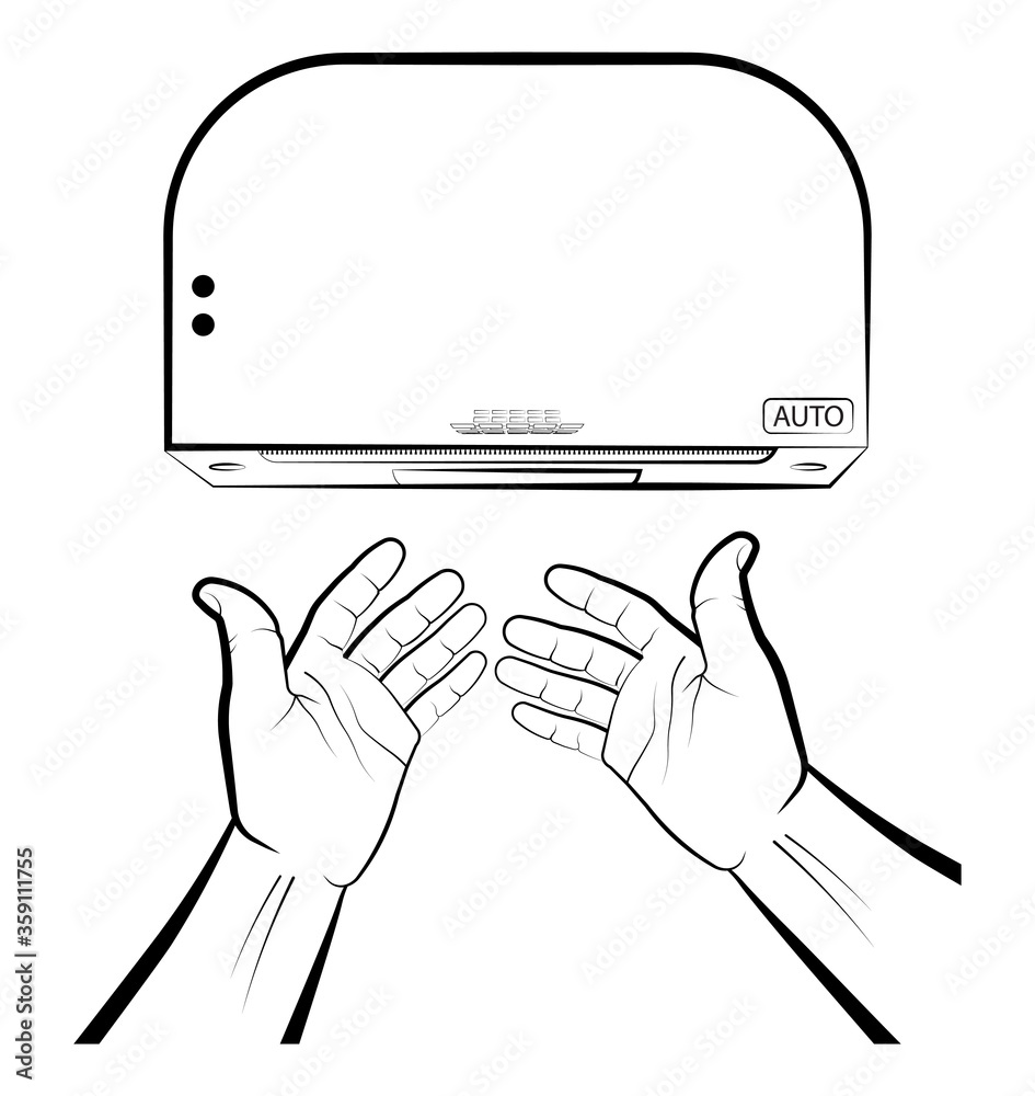 Man holds hands under a automatic dryer. Hygienic procedures in public places. Disease Prevention Isolated vector on white background