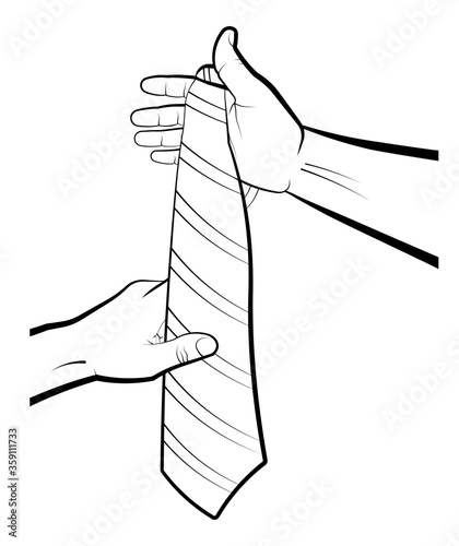 man is holding a striped tie in his hands, trying on a suit. Business style clothing, men's fashion. Isolated vector on white background