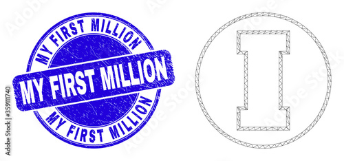 Web carcass first icon and My First Million seal. Blue vector rounded distress seal with My First Million text. Abstract carcass mesh polygonal model created from first icon.