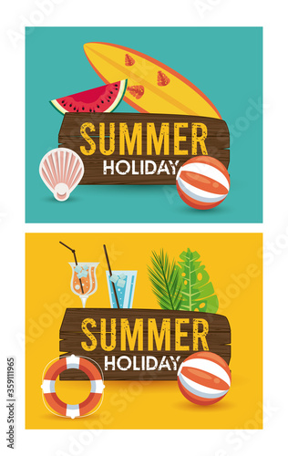 summer holiday label with surf board