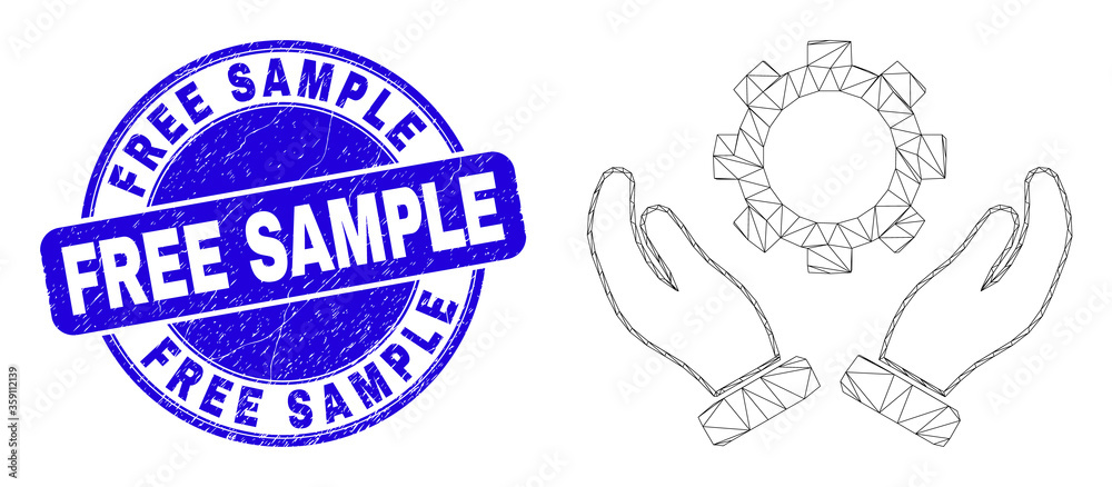 Web carcass gear care hands icon and Free Sample seal stamp. Blue vector round distress seal with Free Sample title. Abstract carcass mesh polygonal model created from gear care hands icon. Web carcass gear care hands icon and Free Sample seal stamp. Blue vector round distress seal with Free Sample title. Abstract carcass mesh polygonal model created from gear care hands icon.