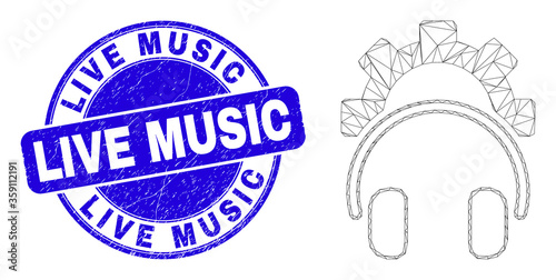 Web mesh gear headphones icon and Live Music watermark. Blue vector round textured watermark with Live Music message. Abstract carcass mesh polygonal model created from gear headphones icon.
