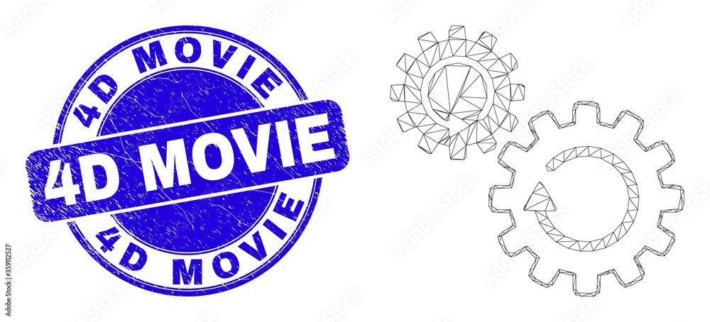 Web mesh gears rotation icon and 4D Movie stamp. Blue vector rounded grunge stamp with 4D Movie message. Abstract frame mesh polygonal model created from gears rotation icon.