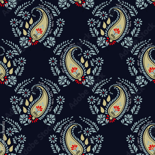 seamless paisley flower Design pattern on navy background