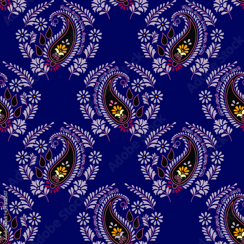 seamless paisley flower Design pattern on blue background