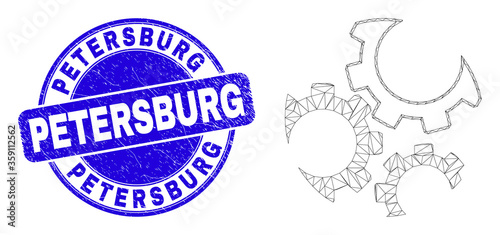 Web mesh gears icon and Petersburg stamp. Blue vector rounded distress seal stamp with Petersburg text. Abstract carcass mesh polygonal model created from gears icon.