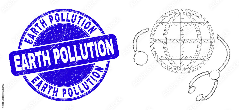 Fototapeta premium Web mesh global medical service icon and Earth Pollution seal stamp. Blue vector rounded textured seal stamp with Earth Pollution title.