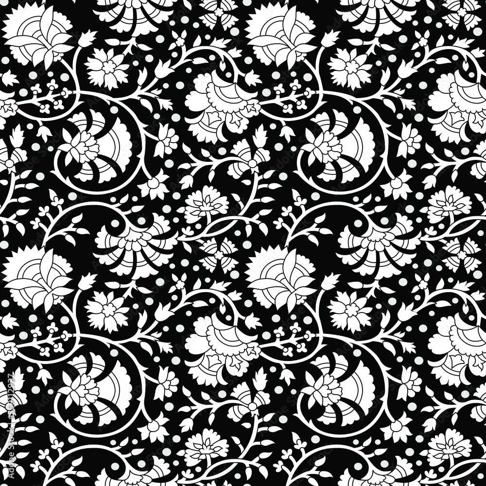 traditional indian paisley pattern on black and white background