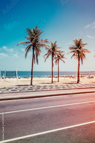 Palm Trees on Ipanema Beach with blue sky, Rio de Janeiro