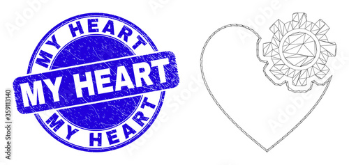 Web mesh heart gear icon and My Heart seal. Blue vector round grunge seal stamp with My Heart text. Abstract carcass mesh polygonal model created from heart gear pictogram.