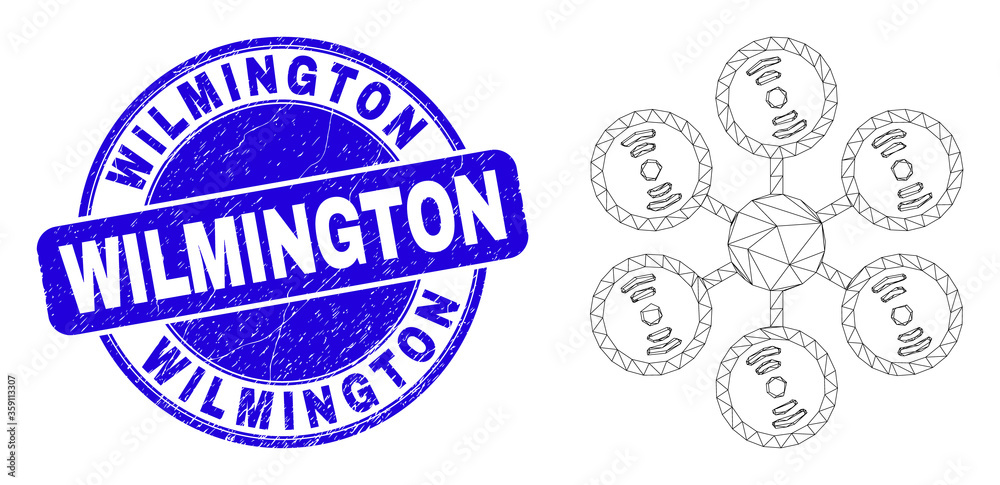 Web carcass hexacopter icon and Wilmington seal stamp. Blue vector round grunge seal stamp with Wilmington text. Abstract frame mesh polygonal model created from hexacopter pictogram. Web carcass hexacopter icon and Wilmington seal stamp. Blue vector round grunge seal stamp with Wilmington text. Abstract frame mesh polygonal model created from hexacopter pictogram.