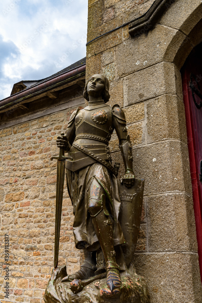 Knight armour on the territory of Le Mont Saint-Michel, an island commune in Normandy, France. UNESCO World Heritage