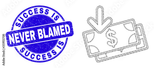 Web carcass income banknotes pictogram and Success Is Never Blamed seal stamp. Blue vector round distress seal stamp with Success Is Never Blamed caption.
