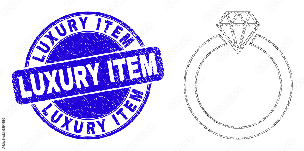 Fototapeta premium Web mesh jewelry ring icon and Luxury Item seal stamp. Blue vector rounded grunge seal stamp with Luxury Item text. Abstract carcass mesh polygonal model created from jewelry ring pictogram.