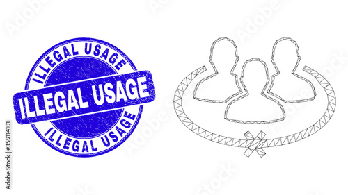 Web carcass jailed persons pictogram and Illegal Usage seal stamp. Blue vector rounded distress seal stamp with Illegal Usage text.