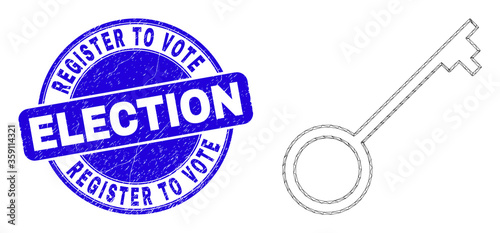 Web carcass key pictogram and Register to Vote Election seal stamp. Blue vector rounded distress stamp with Register to Vote Election phrase.