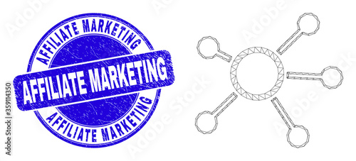 Web carcass links icon and Affiliate Marketing stamp. Blue vector rounded textured seal stamp with Affiliate Marketing text. Abstract carcass mesh polygonal model created from links icon.