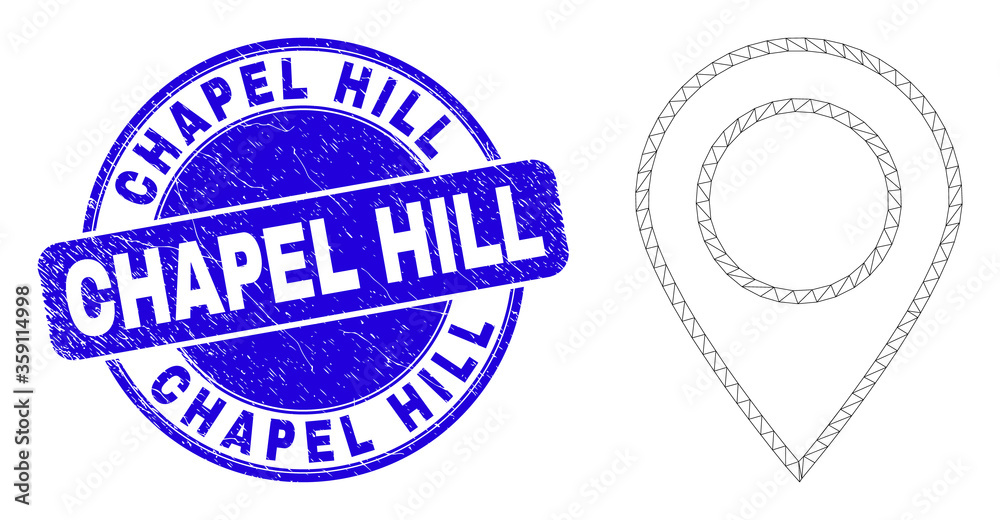 Web mesh map marker pictogram and Chapel Hill stamp. Blue vector rounded grunge seal stamp with Chapel Hill message. Abstract carcass mesh polygonal model created from map marker pictogram.