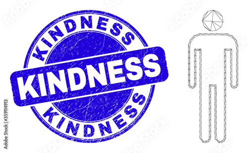 Web carcass man pictogram and Kindness seal stamp. Blue vector round scratched seal stamp with Kindness caption. Abstract carcass mesh polygonal model created from man pictogram.