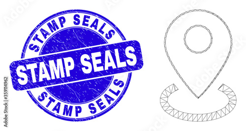 Web carcass map marker placement pictogram and Stamp Seals watermark. Blue vector round scratched watermark with Stamp Seals message.