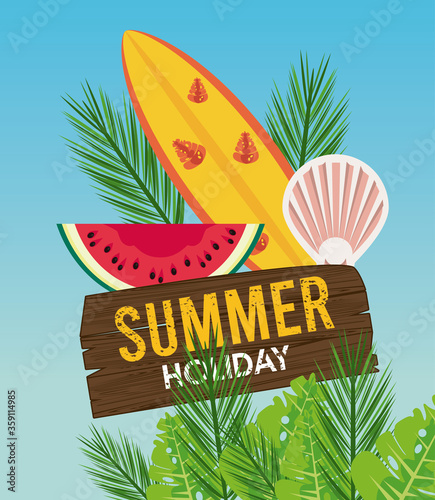 summer holiday label with surf board