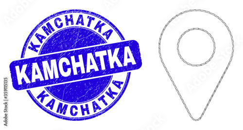 Web carcass map pointer icon and Kamchatka seal stamp. Blue vector rounded distress seal stamp with Kamchatka title. Abstract frame mesh polygonal model created from map pointer icon.