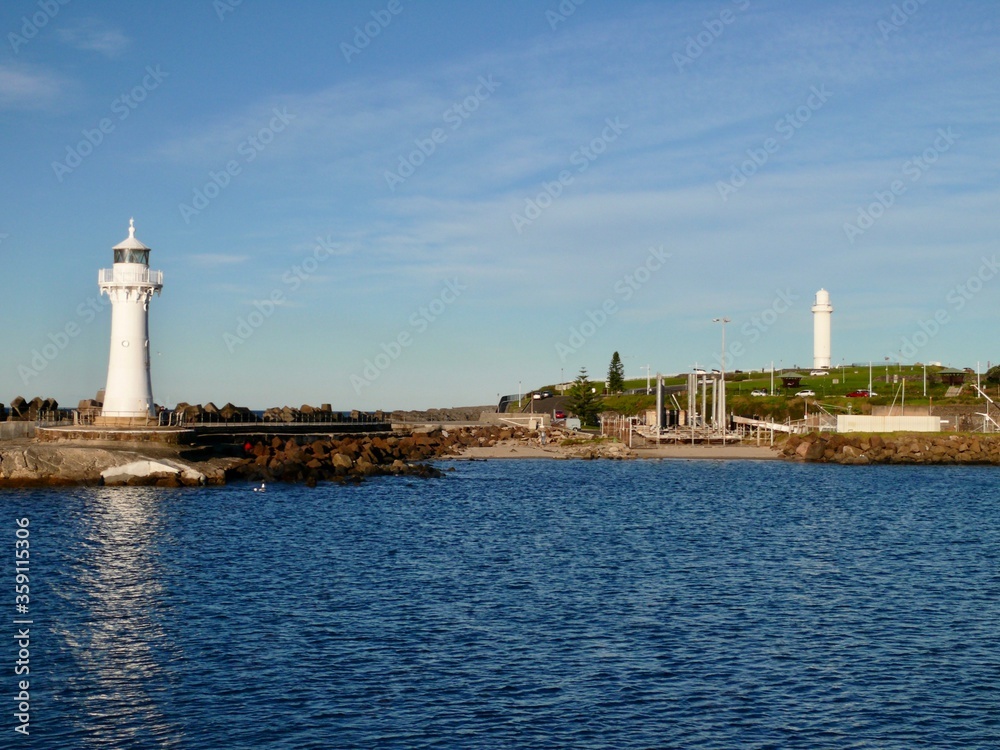 A view of lighthouses at Wollongong harbor in south of Sydney, Australia