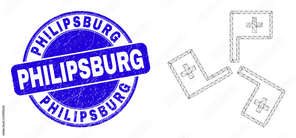 Web carcass medical flags icon and Philipsburg seal stamp. Blue vector rounded distress seal stamp with Philipsburg message. Abstract carcass mesh polygonal model created from medical flags icon.