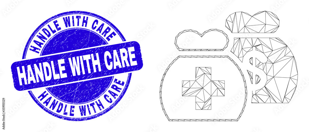 Web mesh medical funds icon and Handle with Care seal stamp. Blue vector round distress stamp with Handle with Care text. Abstract frame mesh polygonal model created from medical funds icon. Web mesh medical funds icon and Handle with Care seal stamp. Blue vector round distress stamp with Handle with Care text. Abstract frame mesh polygonal model created from medical funds icon.