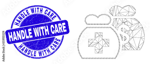 Web mesh medical funds icon and Handle with Care seal stamp. Blue vector round distress stamp with Handle with Care text. Abstract frame mesh polygonal model created from medical funds icon.