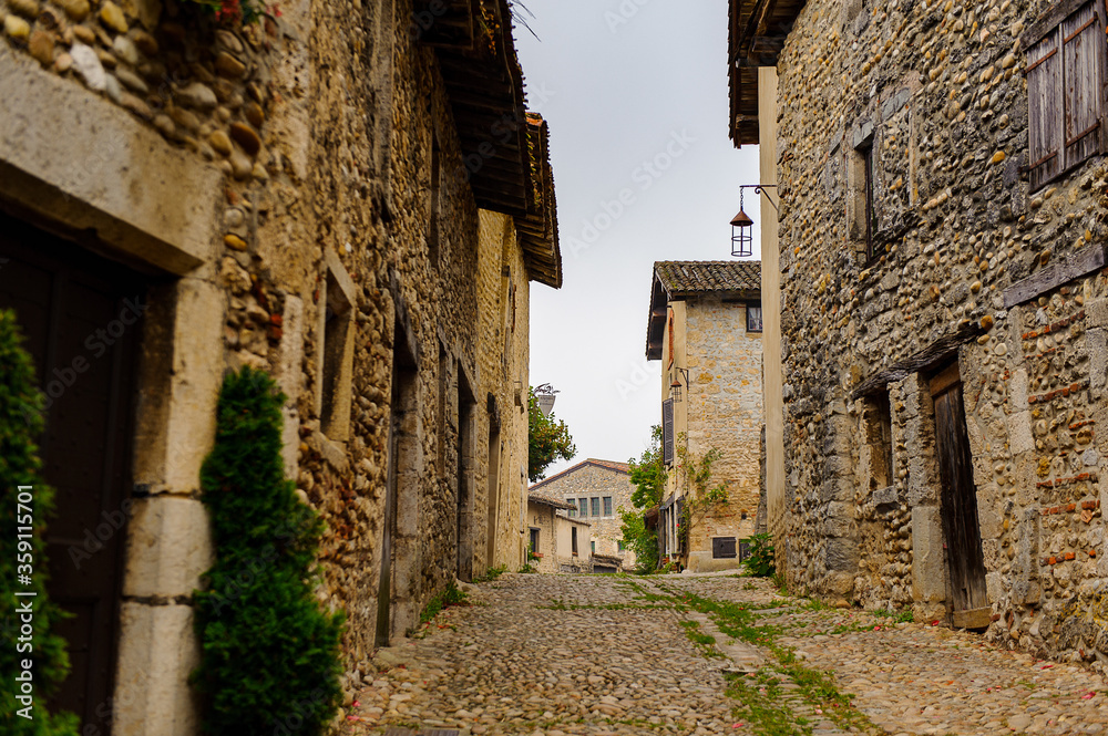 Medieval architecture of Perouges, France, a walled town, a popular touristic attraction.
