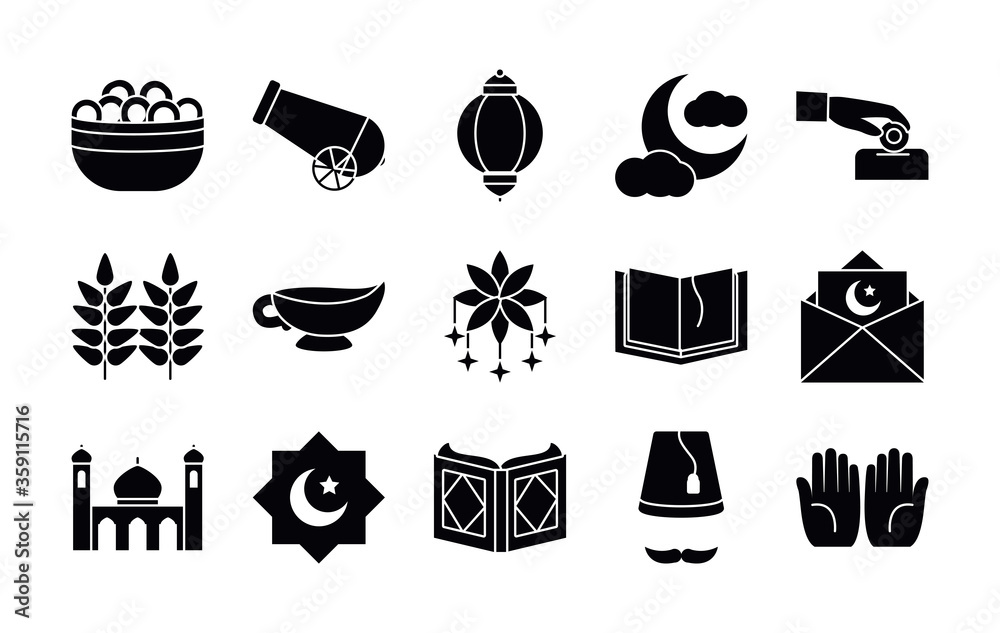 Eid mubarak silhouette style icon set vector design