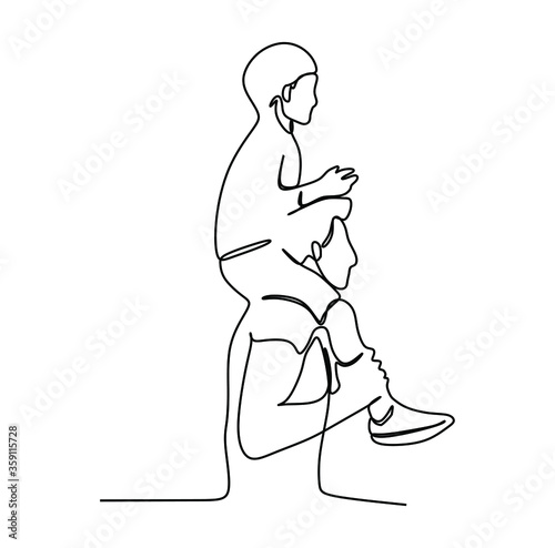 Young boy piggyback riding his dad. Continuous one line drawing art vector illustration