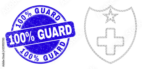 Web carcass medical shield icon and 100% Guard seal. Blue vector round textured seal with 100% Guard phrase. Abstract carcass mesh polygonal model created from medical shield icon.