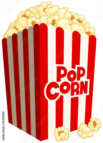 Vector illustration of a red and white striped container of popcorn.