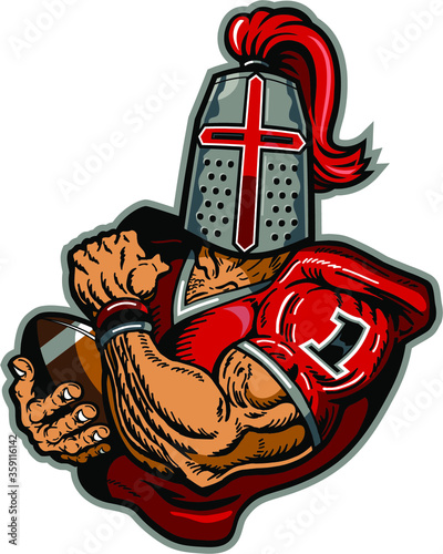 crusader football mascot holding ball in hand for school, college or league